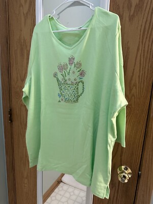 Quacker Factory Shirt Sz  3X  Light green sparkle Flower Pot - Gorgeous !!!!