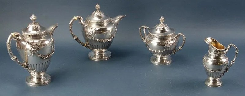 FABULOUS FRENCH STERLING SILVER TEA & COFFEE SET EMPIRE STYLE ORNATE 120 OZS.