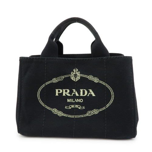 PRADA Canapa Triangle Logo Canvas Tote Bag Hand Bag Black Authentic Used F/S