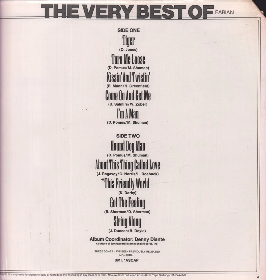 Fabian Very Best of LP vinyl USA United Artists 1975 has clip top corner of - Image 2 of 3
