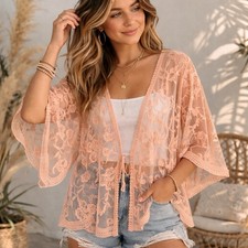 Sheer Floral Embroidered Mesh Kimono Cardigan L Tie Front Boho Fairy Festival