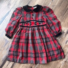 Vtg 90s Girls Red Black Plaid Dress Velvet Collar Sz 4