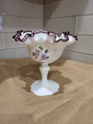 Fenton Art Glass Signed Amethyst Purple Crest Violets in Snow Compote