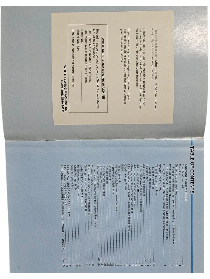 White Superlock 534 Sewing Machine Instruction Manual 1987 Japan Part 69167 - Image 3 of 3