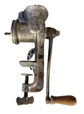 #20 Tabletop Meat Grinder "Economy" Branded With Wooden Hand Crank & Parts Vtg