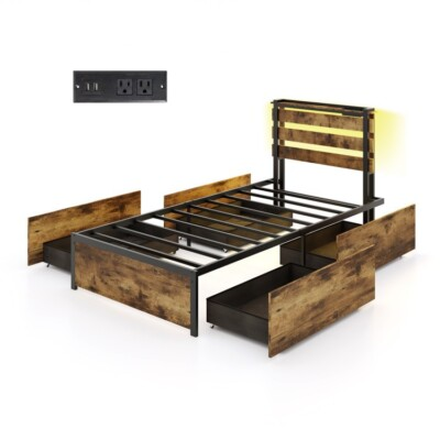#ad Twin Size Platform Bed Frame Heavy Duty With Drawers LED Lights and USB Ports $109.99