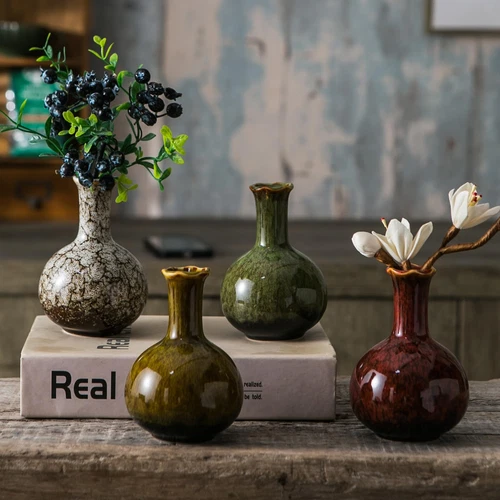 Glazed Rustic Bud Vase Set of 4 - Small Ceramic Mini Pottery Vases in White Y...