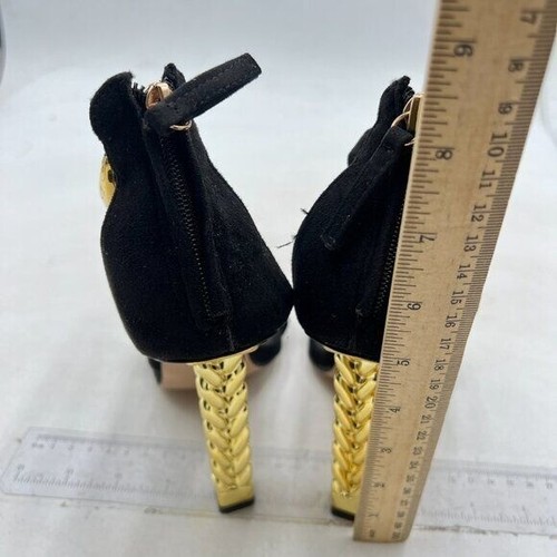 FSJ Women Flower Gold Metal Chain Chunky High Heels Ankle Strap Sandals Black - Picture 5 of 8