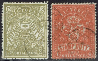 VICTORIA 1884 STAMP DUTY 3/- AND 4/- POSTALLY USED WMK V/CROWN SG TYPE ...
