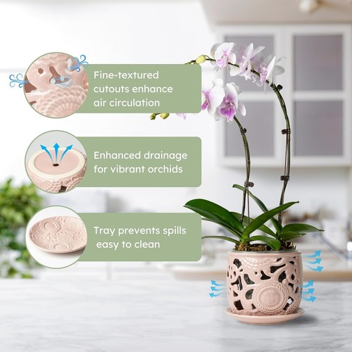 Breathable Ceramic Orchid Pot with Drainage & Saucer - Perfect for Indoor Blooms - Picture 5 of 11