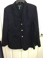 Vtg Lauren Ralph Lauren Womens Blue L/S Gold Buttons Embroidered Pocket Blazer L