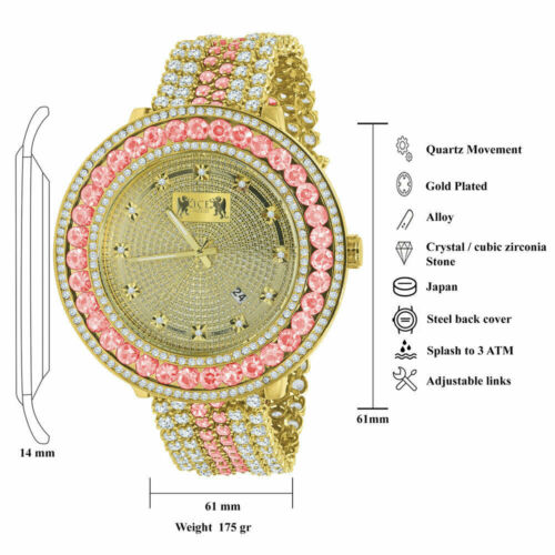 18K Yellow Gold Finish Pink & White Real Genuine Diamond Men Custom Watch W/Date - Picture 5 of 6