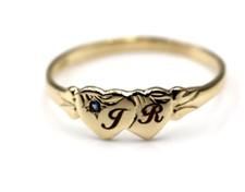Size 6 M 9ct Yellow Gold Blue Sapphire Double Heart Signet Ring  Engraving GR