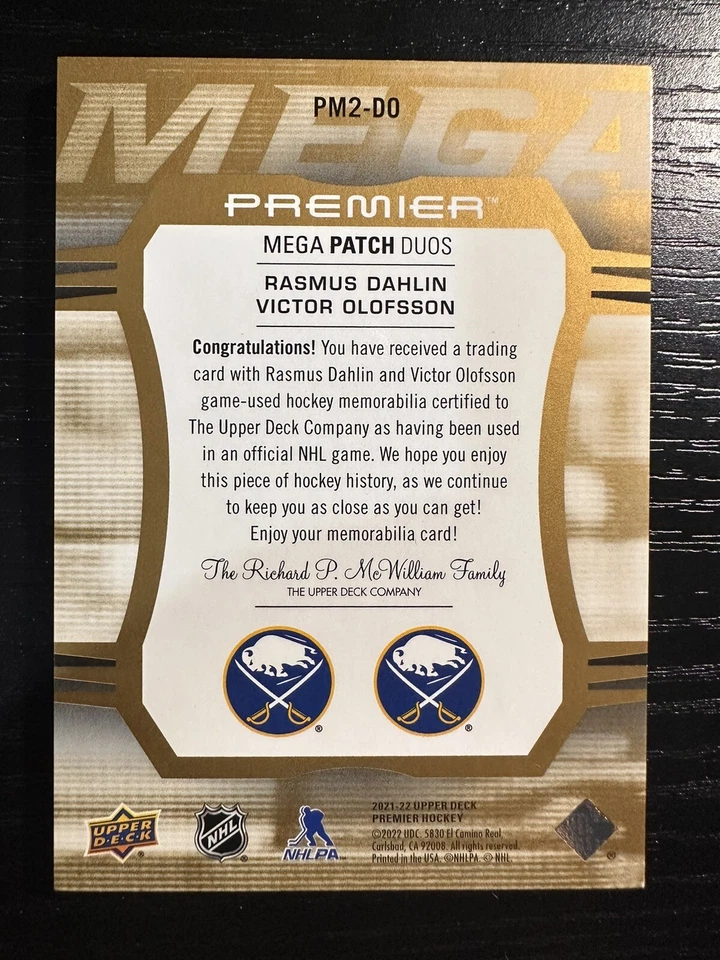2021-22 Premier Gold Mega Patch Duos DAHLIN/OLOFSSON #PM2-DO  #’d 13/25 - Image 2 of 2