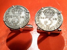 Antique WWI 1914-1918 British Silver Crowns 3 Pence English Coin Cufflinks + Box