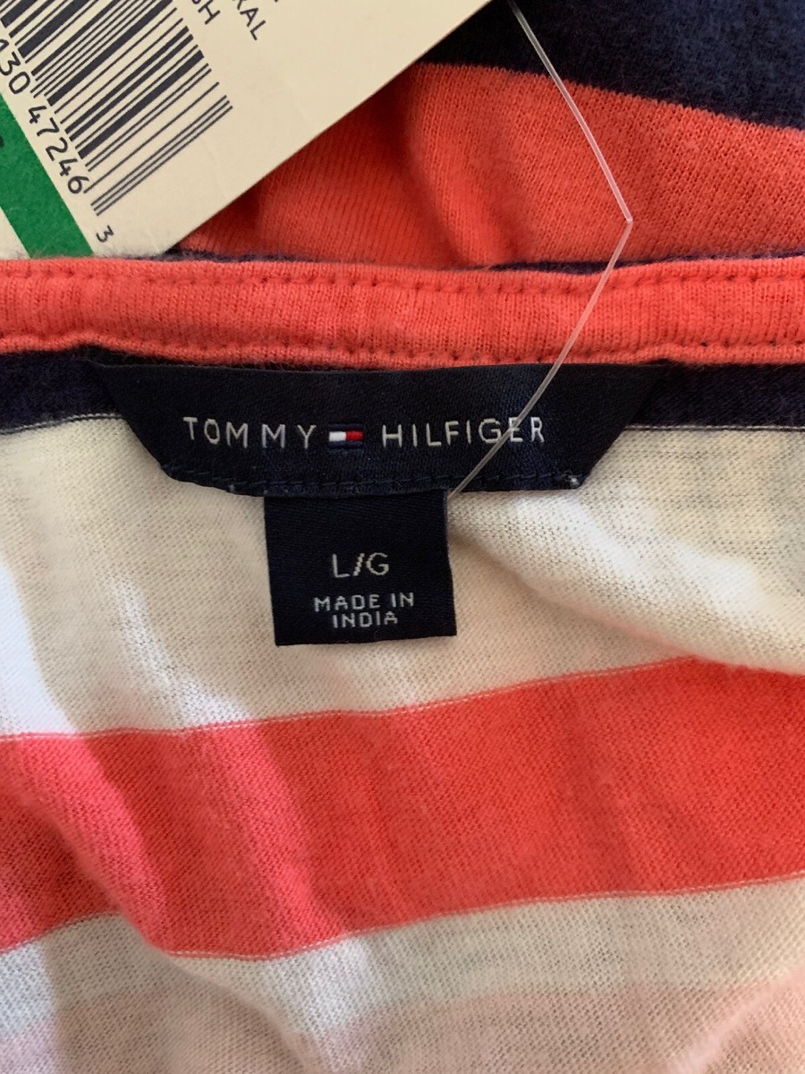 Tommy Hilfiger Dolman Sleeve Striped Cotton Top~L~Calypso Coral