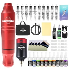 Tattoo Kit Wireless for Beginners Red Gun Machine with Power Supply Needles Ink