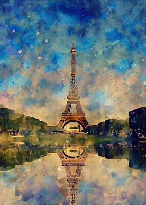 Eiffelturm Reflexion Aquarell Druck - Pariser Kunst, Frankreich, Seine 5''x7''