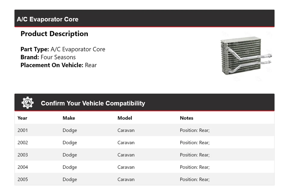 Para Dodge Caravan 2001-2005 A/C Evaporador Núcleo Trasero 4 Temporadas 2002 2003 2004 Foto 2 de 4