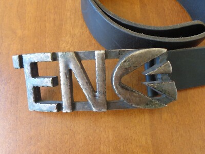 VTG RARE ITALY ENERGIE LOGO BLACK GENUINE LEATHER BELT BUCKLE 40,3