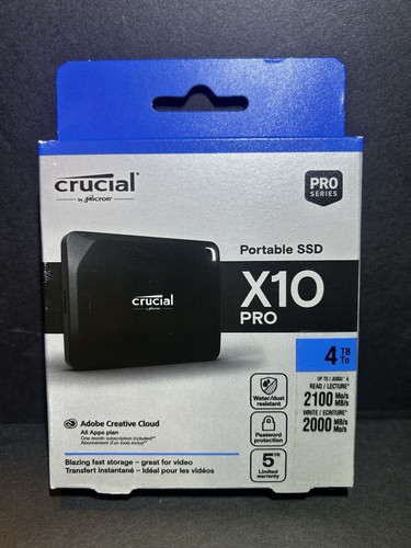 Crucial X10 Pro 4TB Portable SSD - Up to 2100MB/s read 2000MB/s write - water
