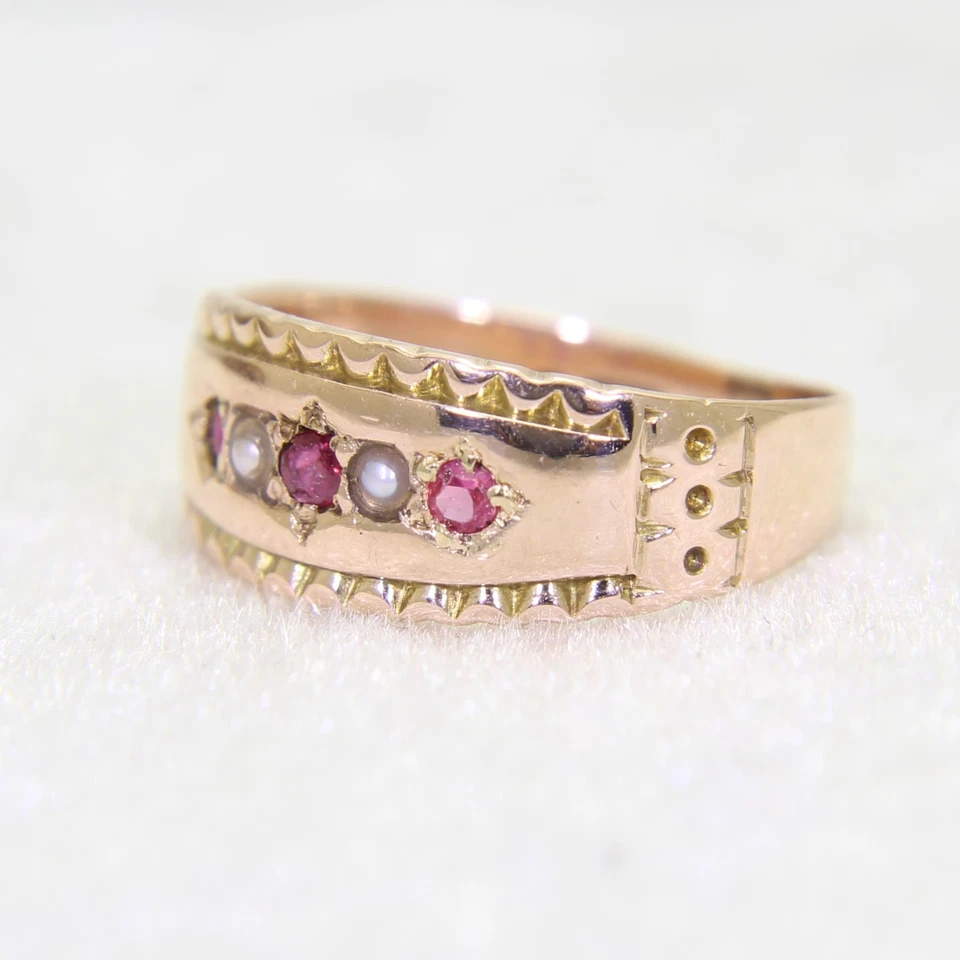 Victorian Ruby & Pearl 9ct Rose Gold Band Ring size H 1/2 ~ 4 1/4 - Image 2 of 4