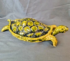 Large Vintage Etched Glazed Green Ceramic Pottery Turtle Statue Figure 13"