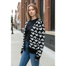 Vintage 1980s THE NOTEBOOK Black White Paisley Wool Angora Cardigan Sweater M/L