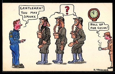 Künstler-AK Handgemalt sign. H. Treacher: Gentlemen, you may smoke, Drei Soldat 