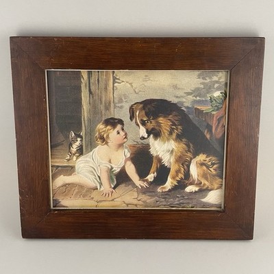 Vtg Wilson Chemical Co Can't You Talk Framed Litho Print Child Dog Cat Cloverine