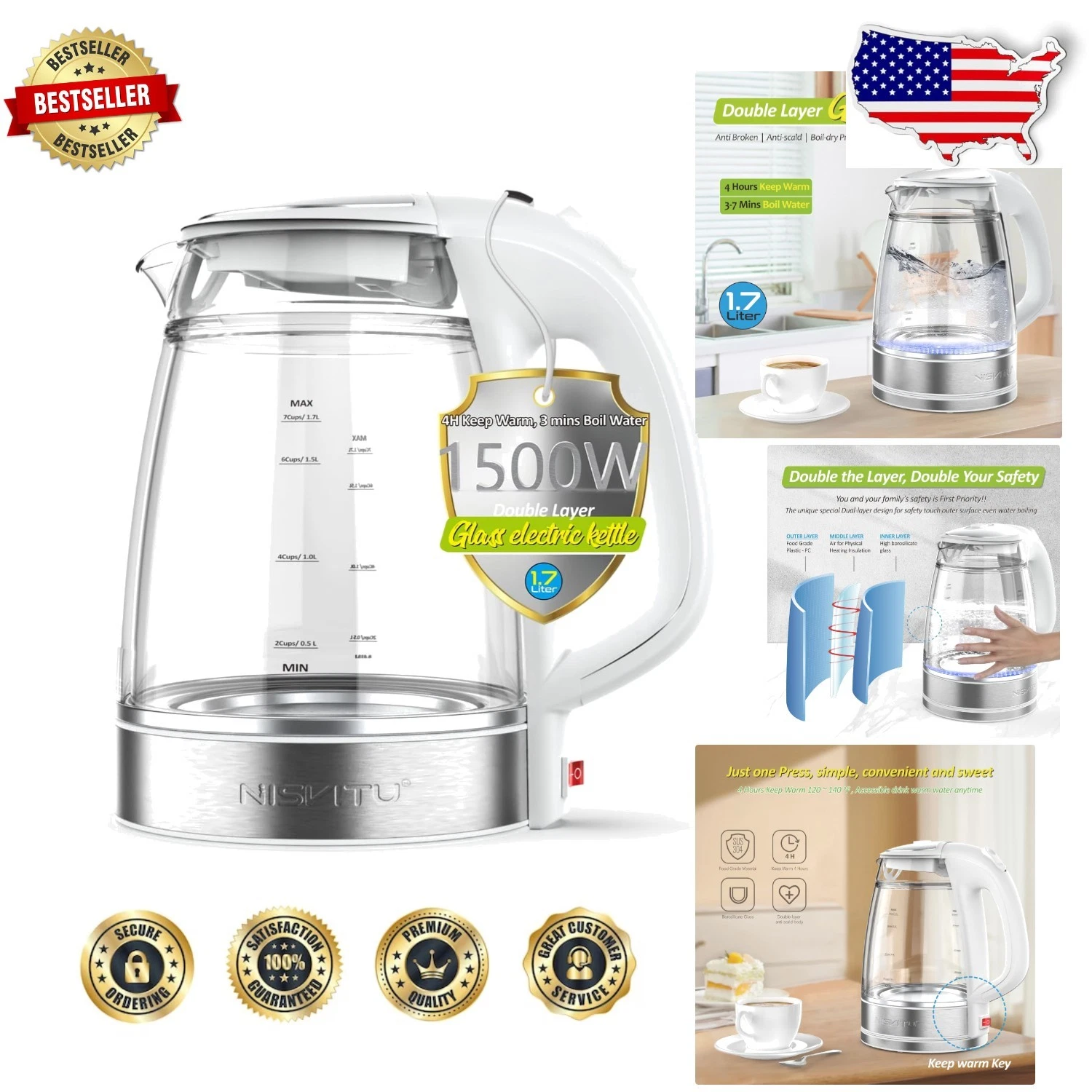 Glass Electric Kettle 1.7L 1500W Auto Shut-off Keep Warm Double Wall White