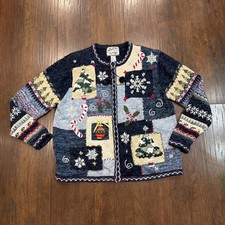 Vintage Heirloom Collectibles Christmas Sweater Full Zip Sz L Patchwork Cottage