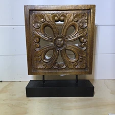 Handcarved Natural Wood Panel Thailand Art Sculpture With Stand 