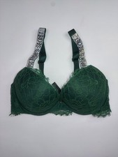 Victoria?s Secret 34C Bra Very Sexy Push Up Green Lace Diamante Shine Strap Bra