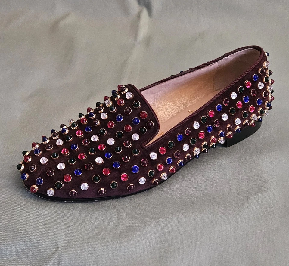 Mocasines para mujer Christian Louboutin granate gamuza multicolor tachuelas talla 5 EE. UU. Foto 4 de 4