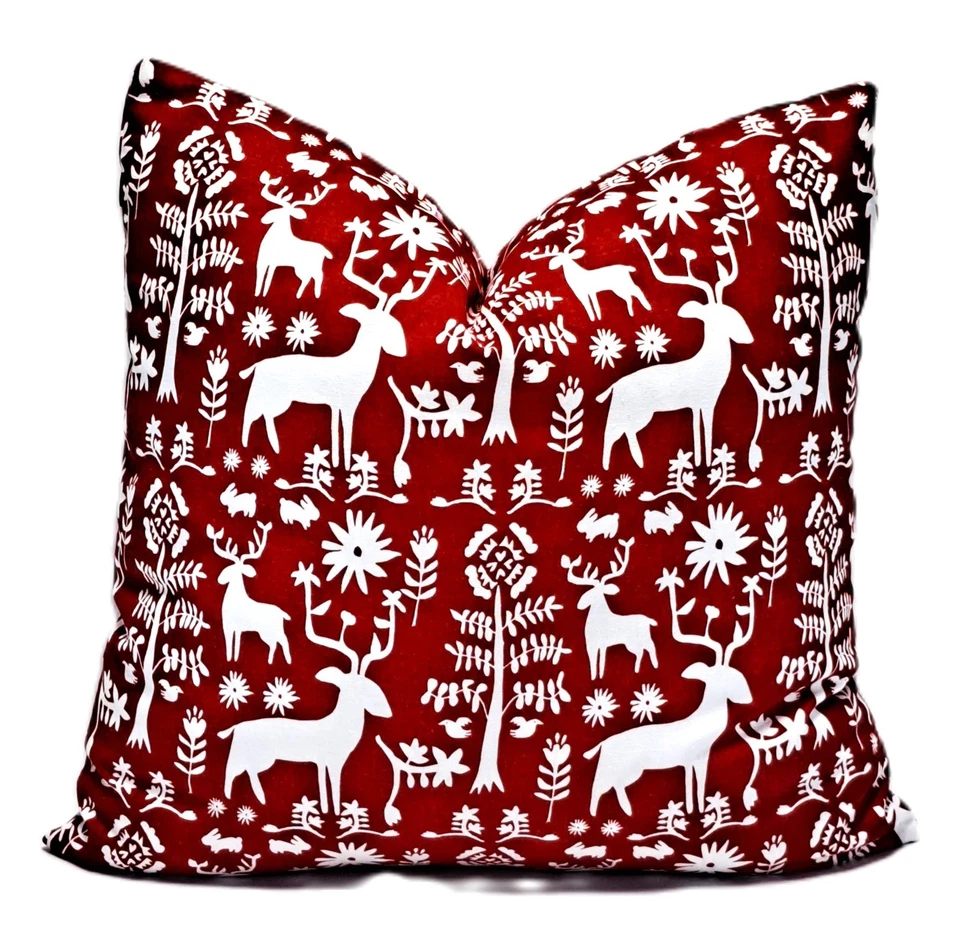 Folk art Holiday Reindeer Red Scandinavian Decorative Throw Pillow Cover 18x18 - Image 2 of 4