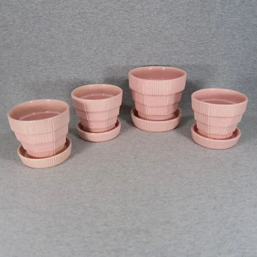 4 Vtg McCoy Pottery Basket Weave Flowerpots Pink Baby Girl Cottage 50s Shabby