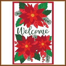 EVERGREEN GARDEN FLAG * POINSETTIA WELCOME * EMBELLISHED APPLIQUED' - BRAND NEW