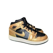 Nike Air Jordan 1 Mid SE GS Metallic Gold Black Sneakers DR6967-071 Kids 6Y