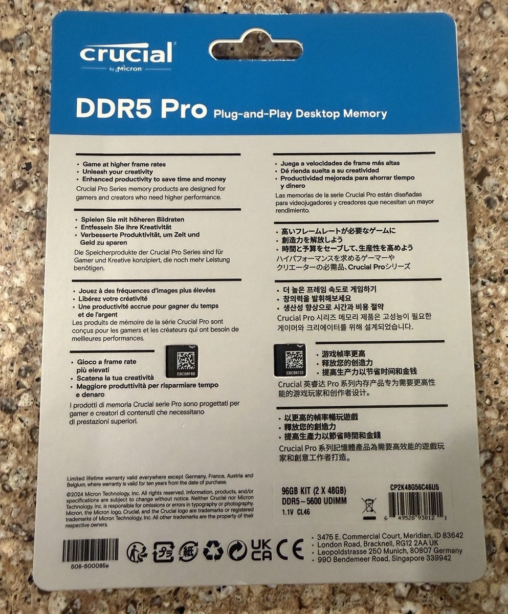 DDR5 メモリ 96GB(48GB×2) Crucial Pro Crucial 96GB DDR5 RAM, 5600MHz (or 5200MHz or 4800MHz) Laptop