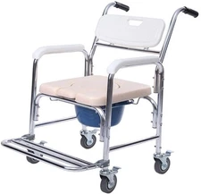Personal Mobility Assist Commode Shower Transport Wheelchair w/Detachable Bucket