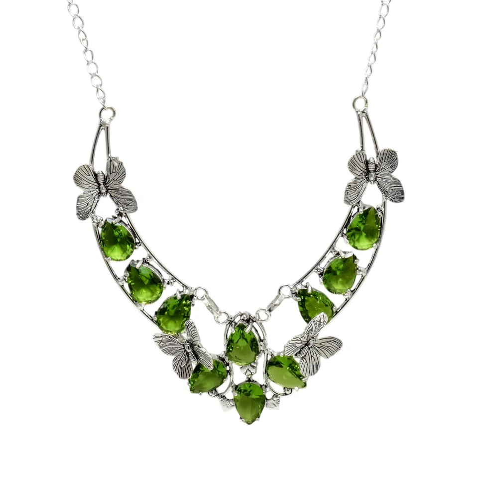Green Peridot Gemstone Butterfly Handmade 925 Sterling Silver Necklace 18" - Image 3 of 4