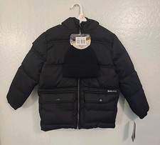  NEW with Tags Boys Jacket Coat Puffer Black W/ Hood Size 7 W/Beanie Winter