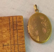 Vintage Gold Tone Engraved Locket  1" x 3/4" with 14K GF Finding (loop)