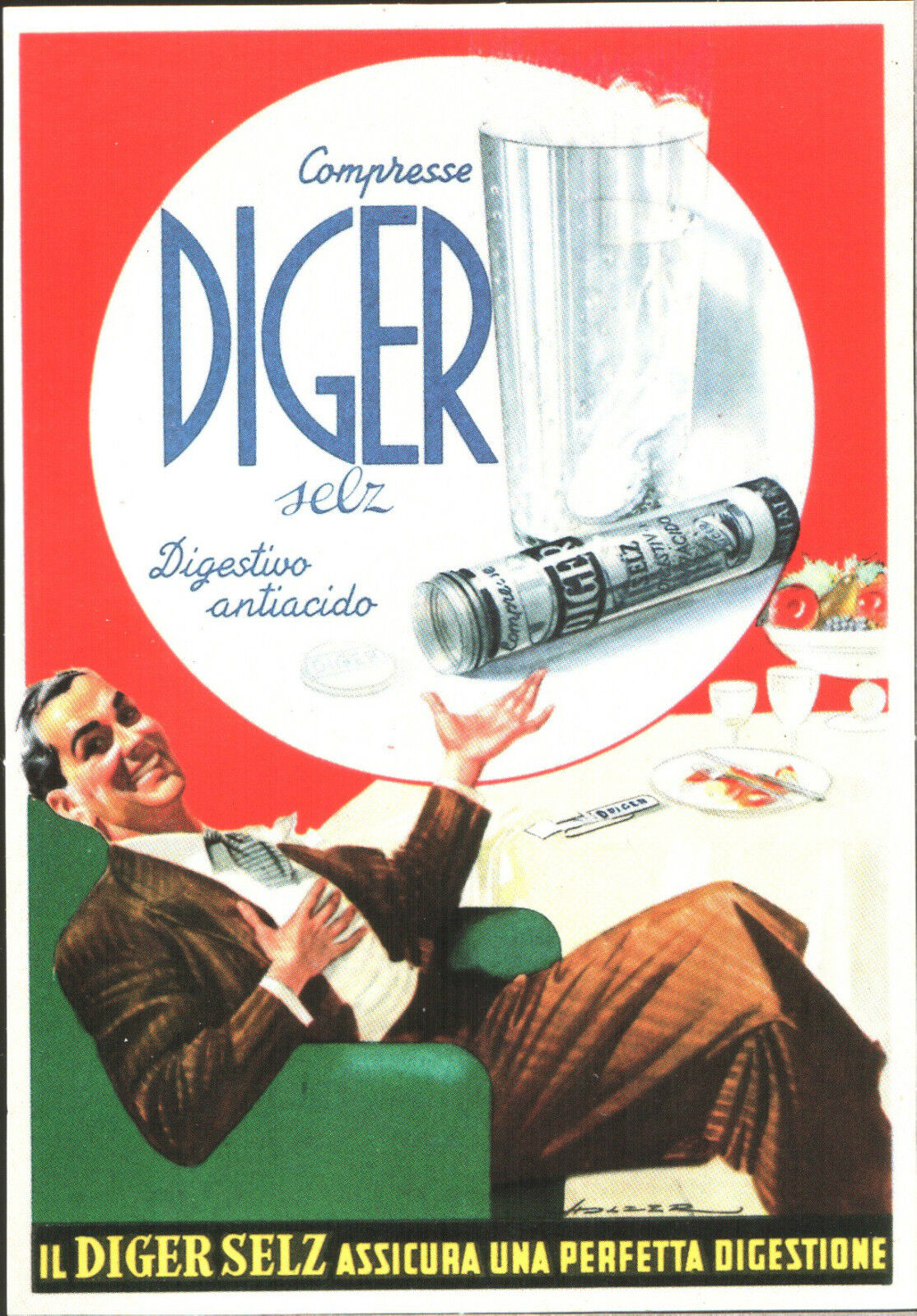 CARTOLINA PUBBLICITARIA ADVERTISING COMPRESSE DIGER SELZ - 1953 Riprod.