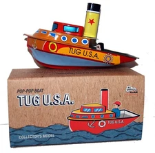 Pop Pop Boat Tug Boat USA Tin Toy