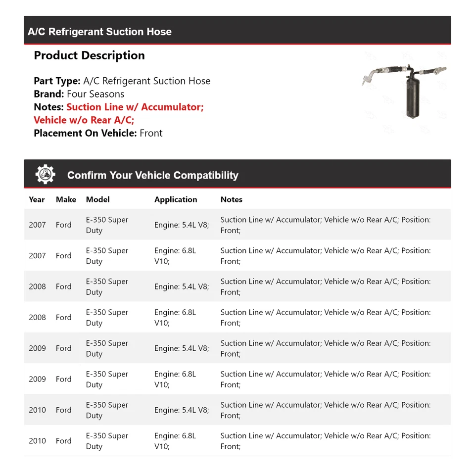 Manguera de succión de refrigerante de aire acondicionado delantera 4 estaciones para Ford E-350 Super Duty 2007-2010 Foto 2 de 4