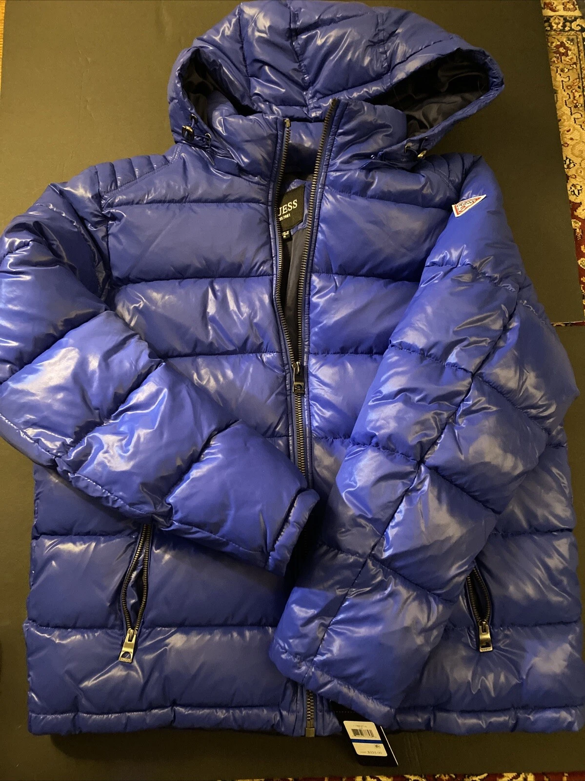 NEW GUESS Men's Puffer Jacket Removable Hood Blue Lined Insulated Size Large