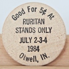 Otwell, IN 1984 RURITAN STANDS ONLY Good For $.05 Trade Token Wooden Nickel