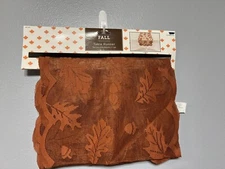 FABRIC LACE TABLE RUNNER (13" x 72") FALL, BROWN RUST LEAVES & ACORNS, HL